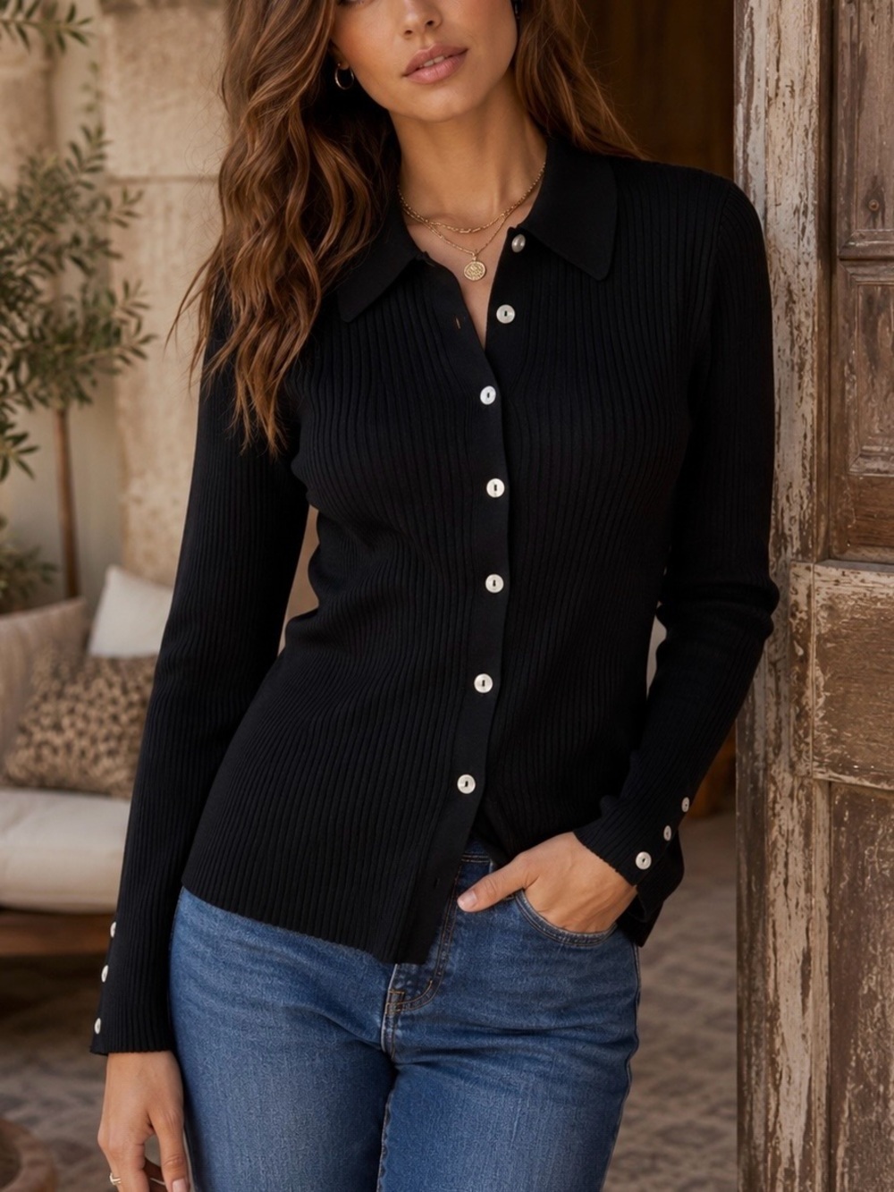 House of Harlow 1960 Black Ribbed Button-Up Collared Top Size Medium